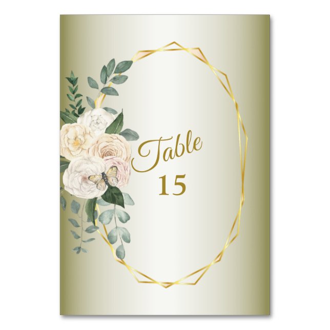 Wedding Greenery Leaves Pink Floral Gold Geometric Table Number (Front)