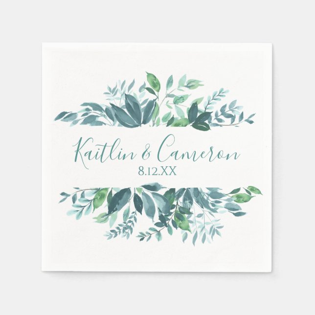 Wedding Greenery Napkins | Typography (Teal Blue) (Front)