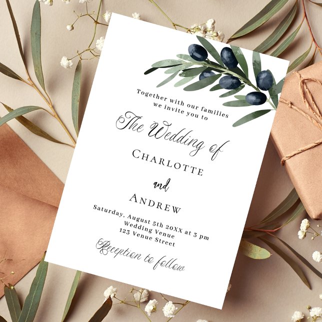 Wedding greenery olive leaves simple script invitation (Creator Uploaded)