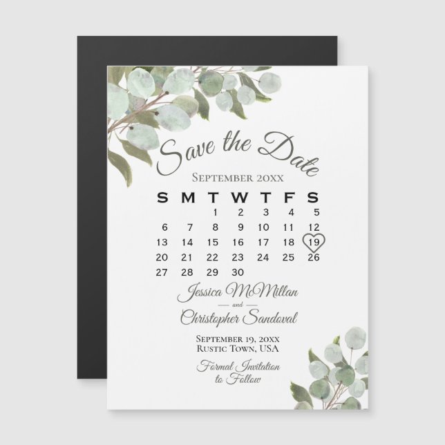 Wedding Greenery Save the Date Calendar Magnet (Front/Back)