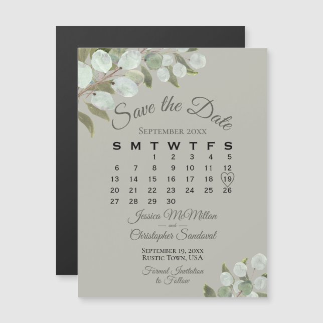 Wedding Greenery Save the Date Calendar Olive Sage Magnetic Invitation (Front/Back)