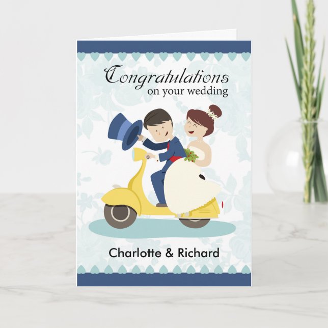 Wedding Greeting Card, couple on scooter customise Card (Front)