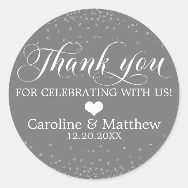 Wedding Grey Sprinkle Sparkle Silver THANK YOU Classic Round Sticker (Front)