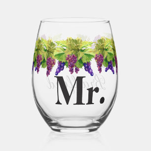 Wedding Groom's Name Mr. Watercolor Grapes Stemless Wine Glass
