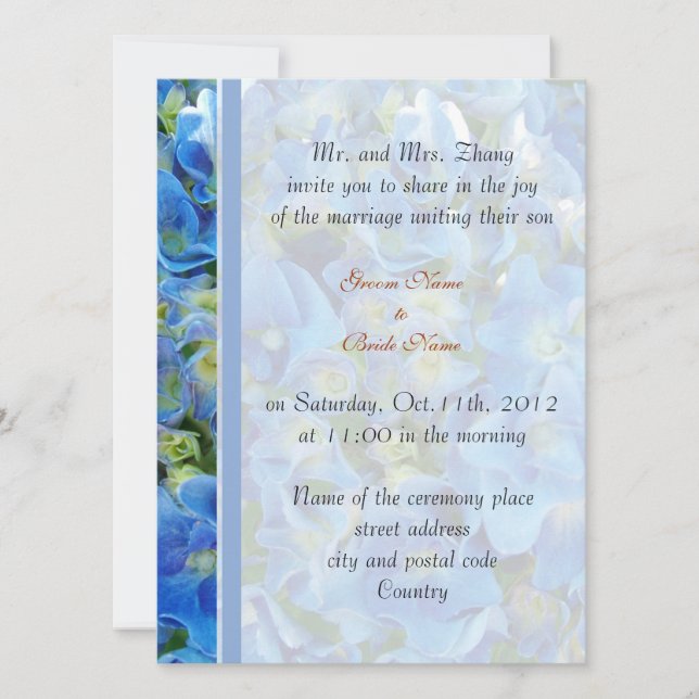wedding, Groom's parents invitation blue hydrangea (Front)