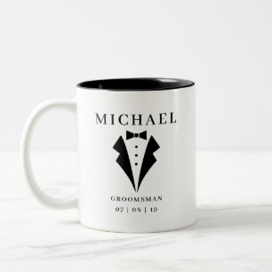 Wedding GROOMSMAN Personalised Name & Date Tuxedo Two-Tone Coffee Mug