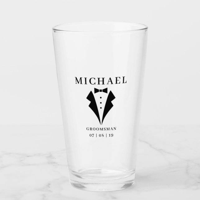 Wedding GROOMSMAN Personalised Tuxedo Pint Glass (Front)