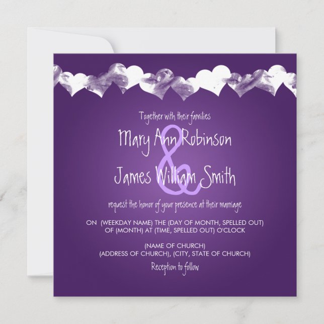 Wedding Grunge Hearts Purple Invitation (Front)