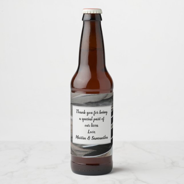 Wedding Guest Black Grey Feather Modern Thanks Beer Bottle Label (Front)
