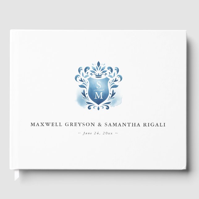 Wedding Guest Book Blue Monogrammed Crest (Front)