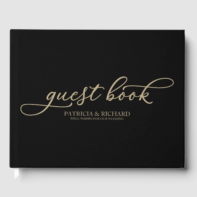Wedding Guest Book Chic Gold Script Black (Front)