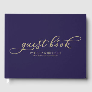 Wedding Guest Book Chic Gold Script Navy Blue