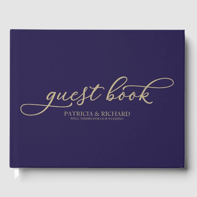 Wedding Guest Book Chic Gold Script Navy Blue (Front)