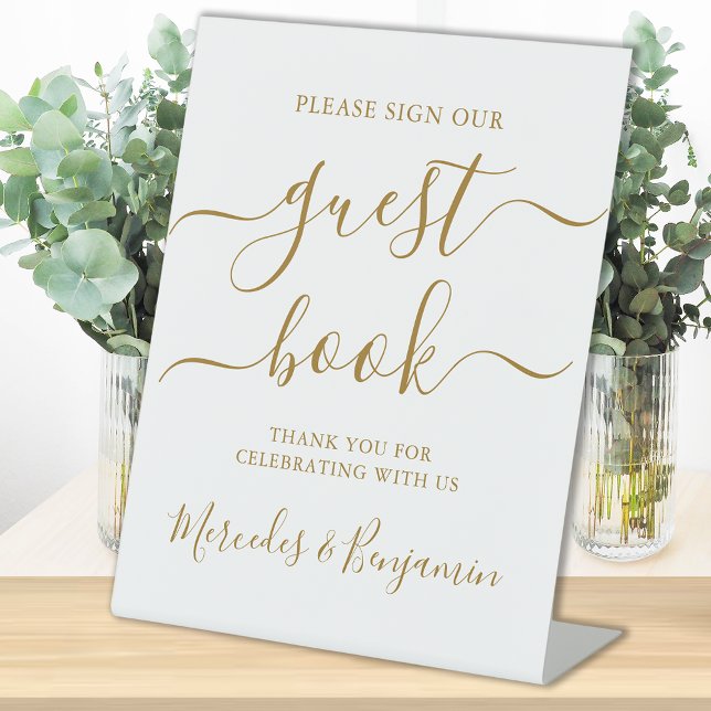 Wedding Guest Book Gold Elegant Calligraphy Pedestal Sign (Creator Uploaded)
