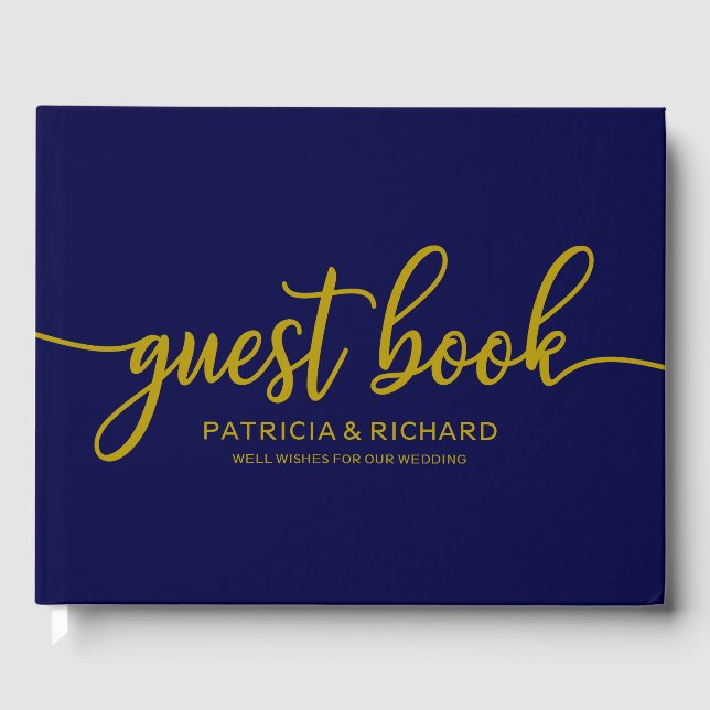 Wedding Guest Book Gold Navy Blue Calligraphy (Front)