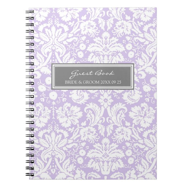 Wedding Guest Book Lilac Grey Damask Notebook (Front)
