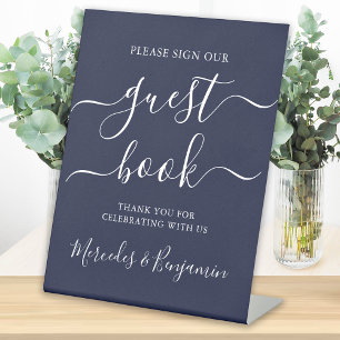 Wedding Guest Book Modern Script Navy Blue Pedestal Sign