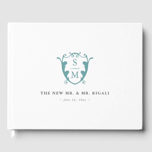 Wedding Guest Book Monogram Crest Turquoise (Front)