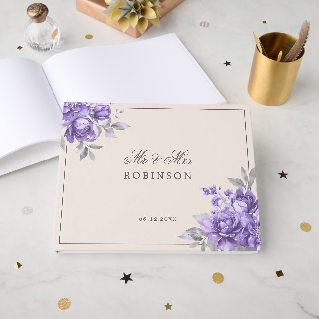 Wedding Guest Book Purple Rustic Floral  (Front Open)