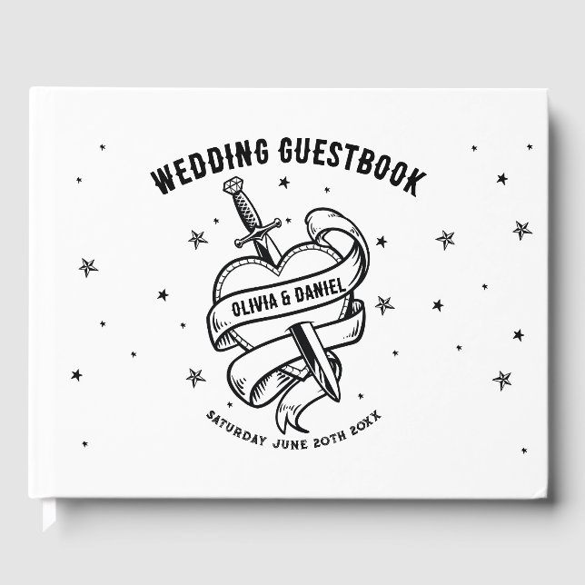 Wedding Guest Book Tattoo Heart Black White (Front)