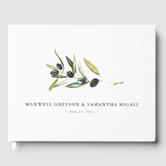 Wedding Guest Book Watercolor Botanical Olive (Front)