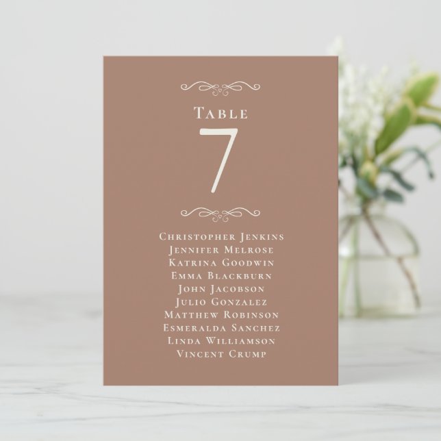 Wedding Guest List Table Number Mocha Brown Card (Standing Front)