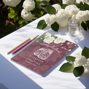 Wedding Guestbook ason Jar Hydrangea String Lights Notebook