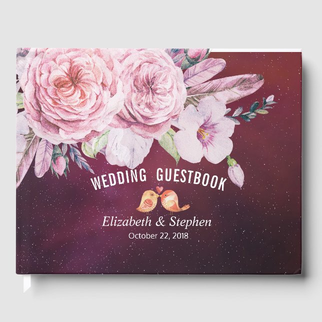 Wedding Guestbook Boho Floral Feather Burgundy Red (Front)