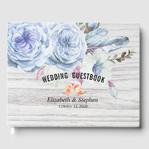 Wedding Guestbook Boho Floral Feathers Rustic Wood