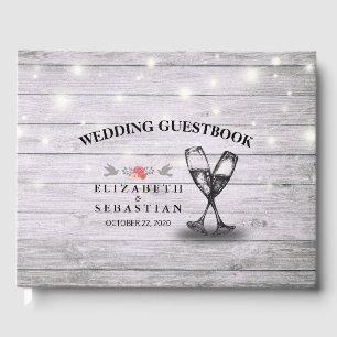 Wedding Guestbook Champagne Glasses Wood Lights