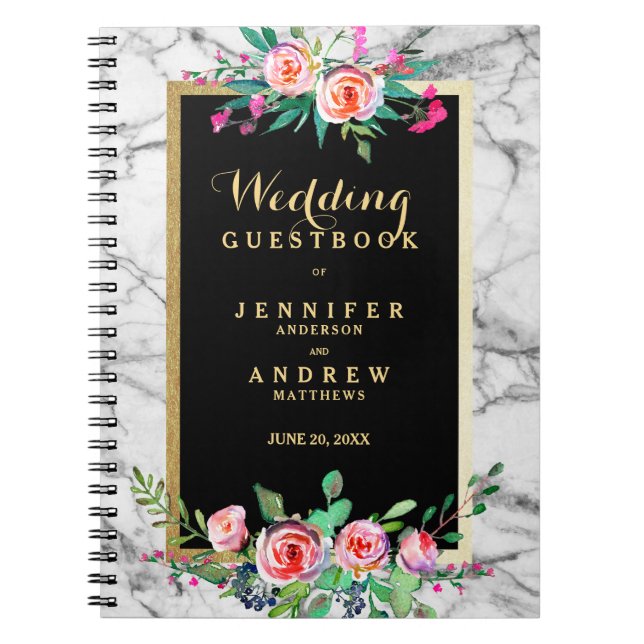 Wedding Guestbook Chic Gold Marble Pink Floral Notebook (Front)