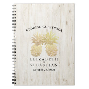 Wedding Guestbook Chic Gold Pineapples Rustic Wood Notebook