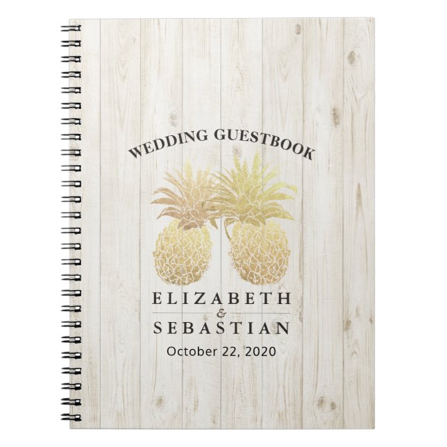 Wedding Guestbook Chic Gold Pineapples Rustic Wood Notebook (Front)