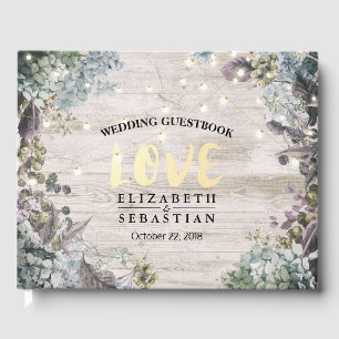Wedding Guestbook Floral String Lights Rustic Wood