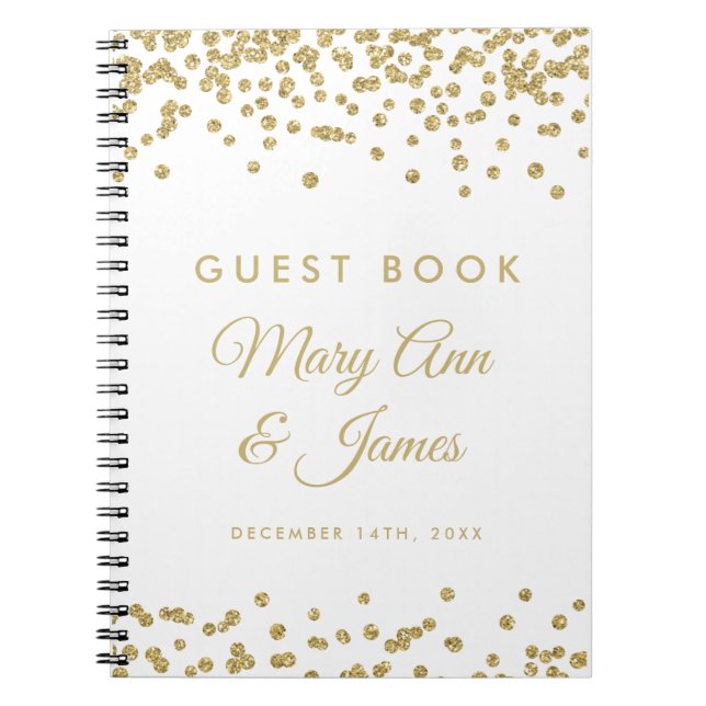 Wedding Guestbook Gold Faux Glitter Confetti White Notebook (Front)