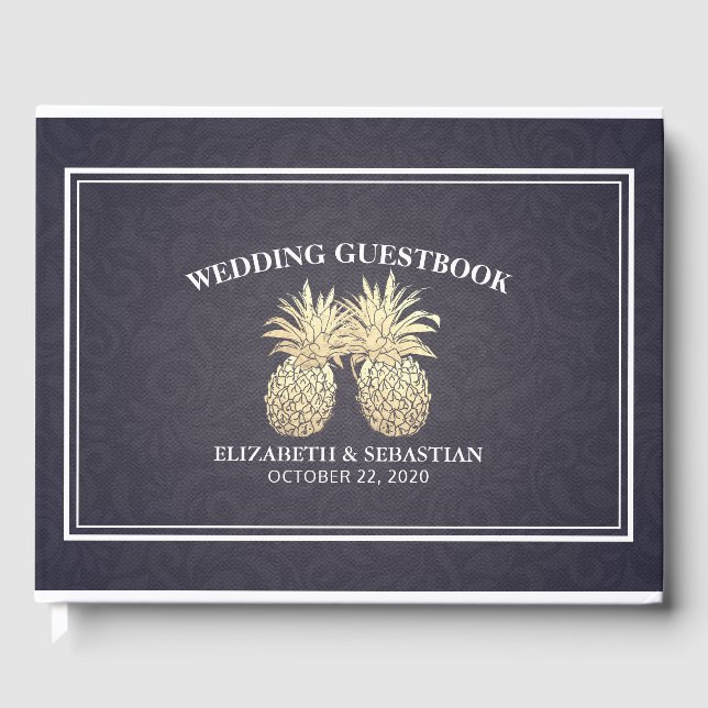 Wedding Guestbook Gold Pineapple Couple Navy Blue (Front)