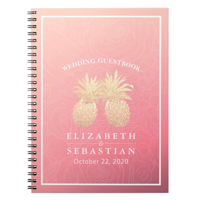 Wedding Guestbook Gold Pineapple Couple Pink Roses Notebook (Front)