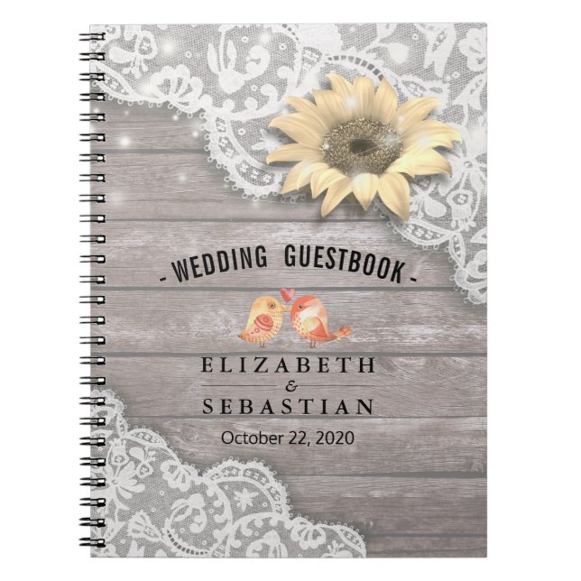Wedding Guestbook Lace Sunflower Wood String Light Notebook (Front)