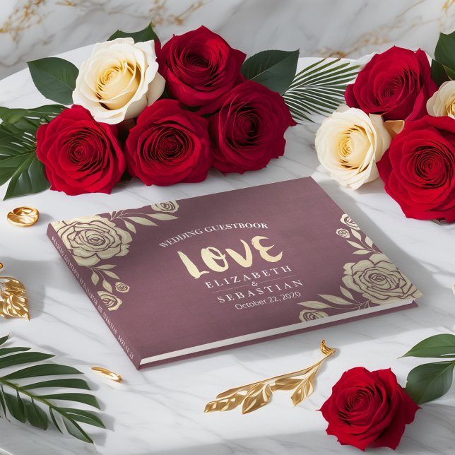 Wedding Guestbook Modern Golden Roses Burgundy Red (Creator Uploaded)