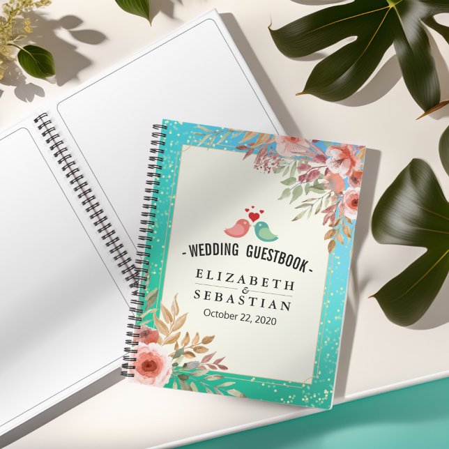 Wedding Guestbook Modern Pink Floral Teal Gold Dot Notebook (Creator Uploaded)