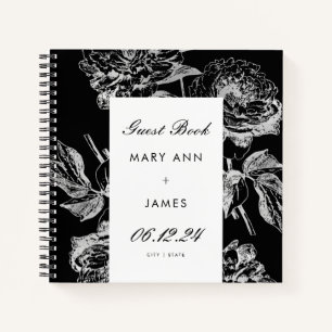 Wedding Guestbook Modern Simple Floral Silver Blac Notebook