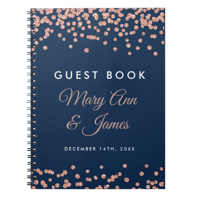 Wedding Guestbook Rose Gold Glitter Confetti Navy Notebook (Front)