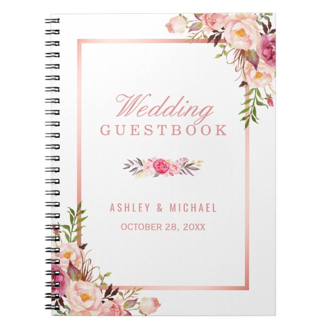 Wedding Guestbook - Stylish Rose Gold Pink Floral Notebook (Front)