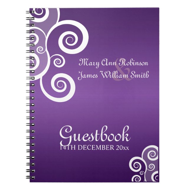 Wedding Guestbook White Swirls Purple Notebook (Front)