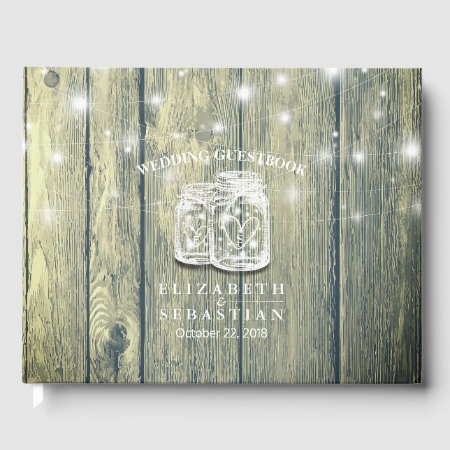 Wedding Guestbook Wood Chic Mason Jar String Light (Front)