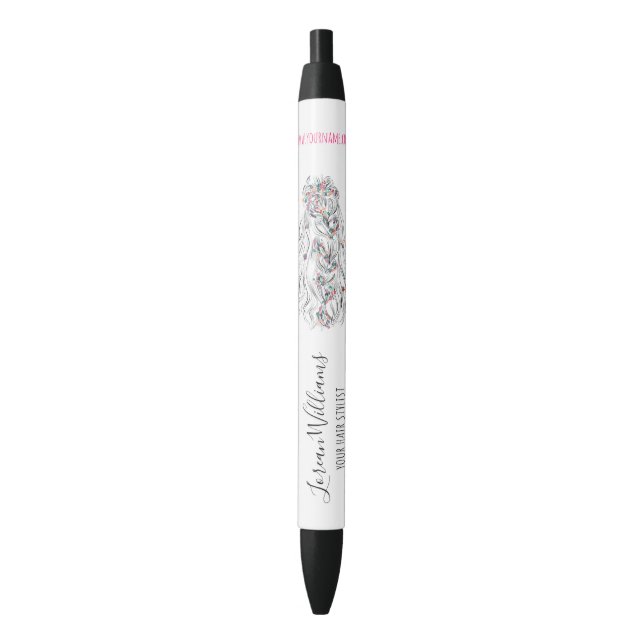 Wedding Hair Stylist Black White Wavy Hair Floral Black Ink Pen (Front Vertical)