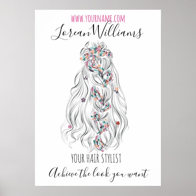 Wedding Hair Stylist Black White Wavy Hair Floral Poster (Front)