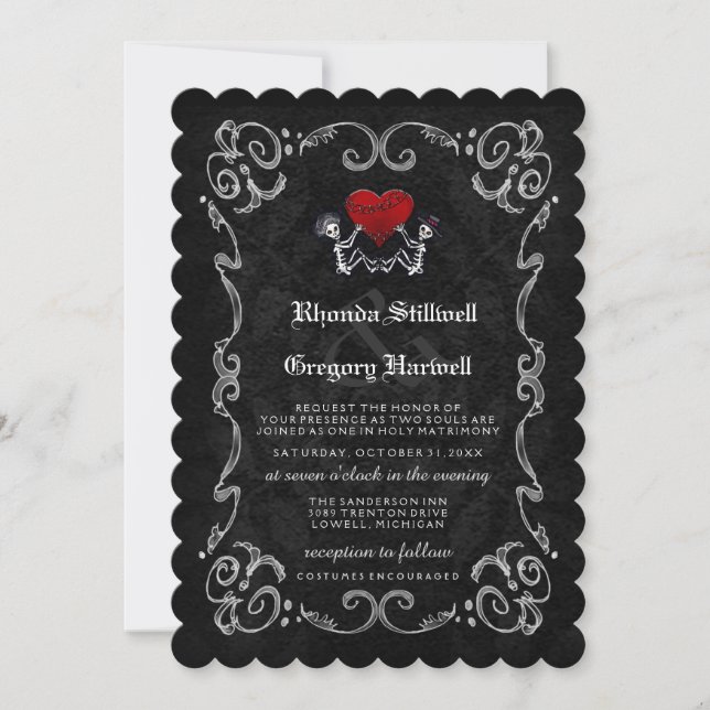 Wedding Halloween Skeletons & Heart - COSTUMES Invitation (Front)
