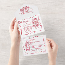 Wedding Hand Drawn Whimsical Red Invite & RSVP