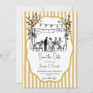 Wedding hand sketched mustard striped invitation